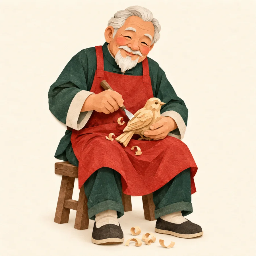 An elder carves a little bird from wood as shavings fall