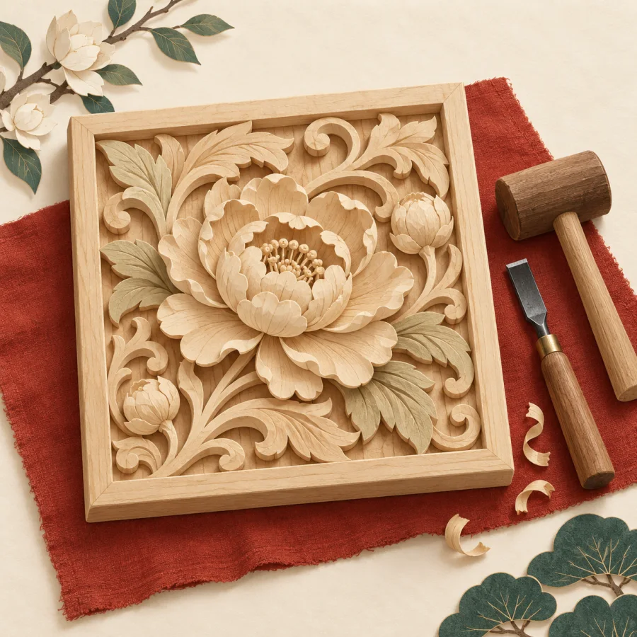 A wooden panel with a carved flower pattern and a chisel