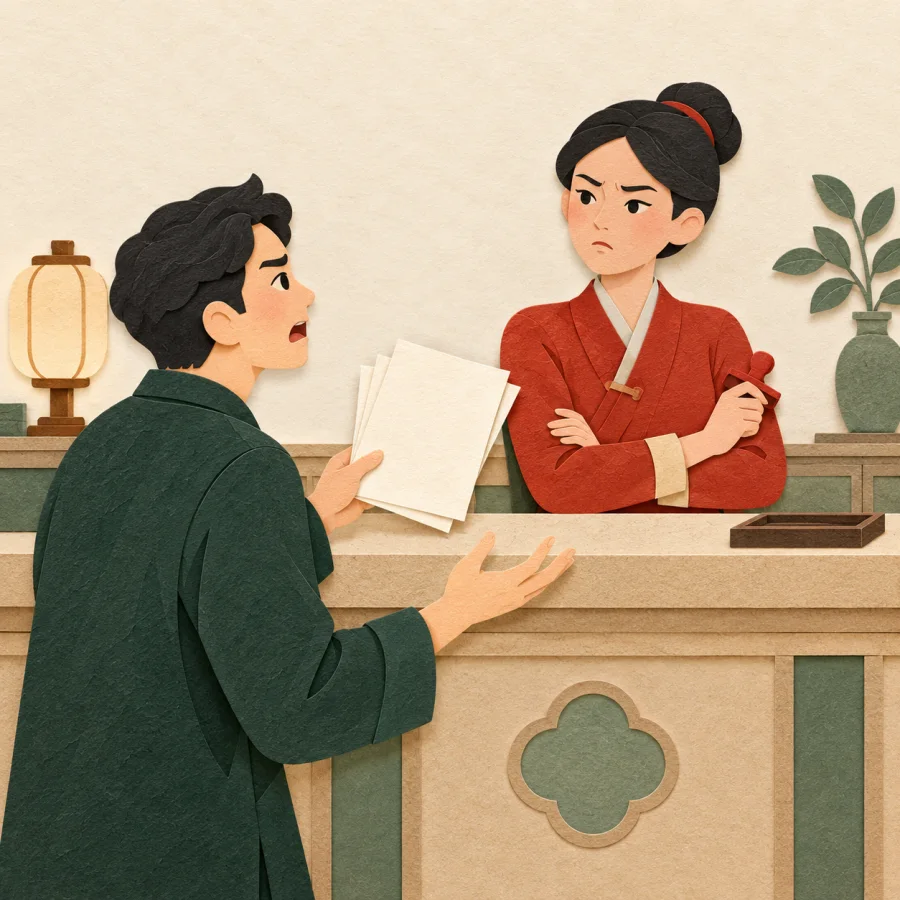 A clerk with crossed arms refuses a frustrated customer