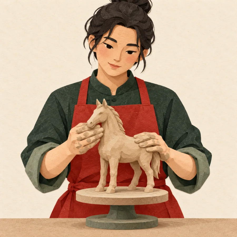 A person shapes a small clay horse