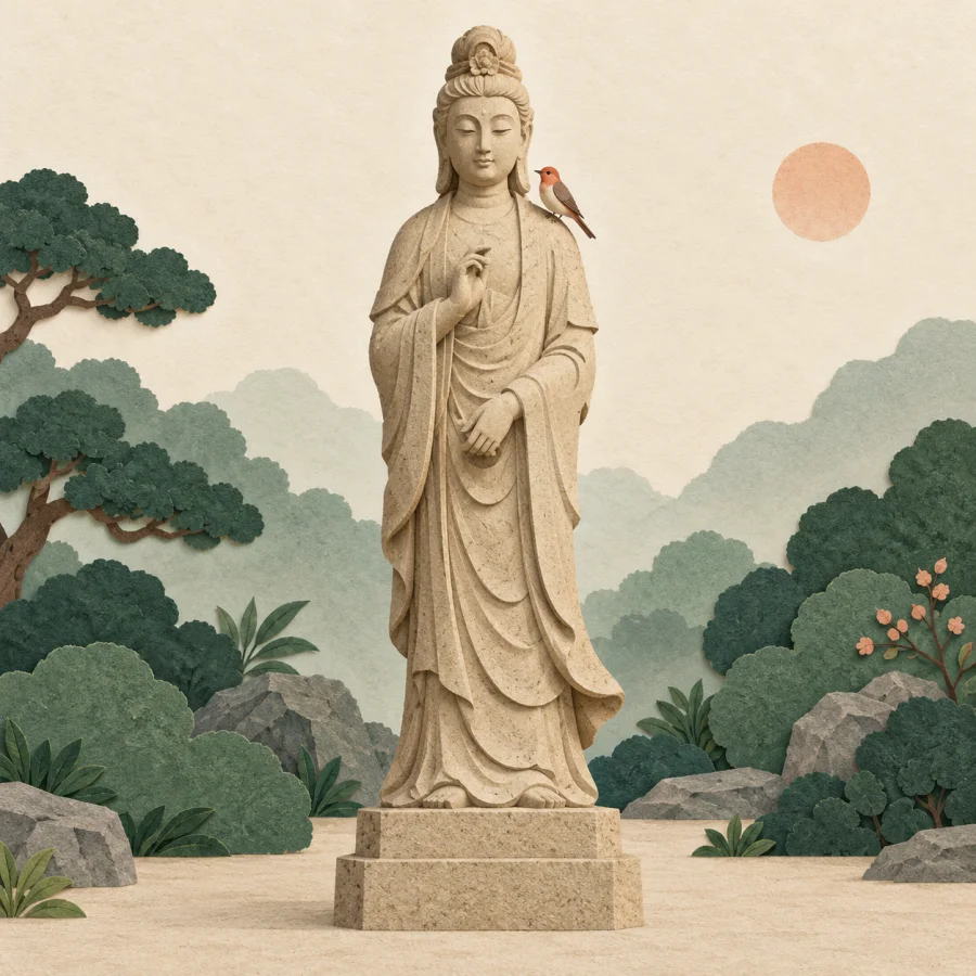 A tall stone statue on a plinth in a garden