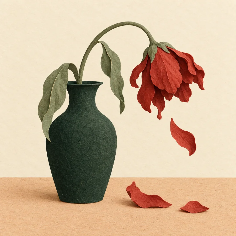 A wilting red flower in a vase with petals falling