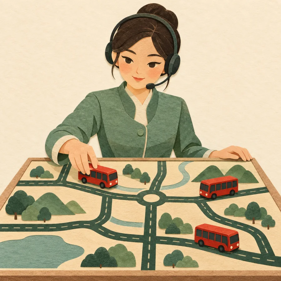 A dispatcher moves toy buses across a big map board