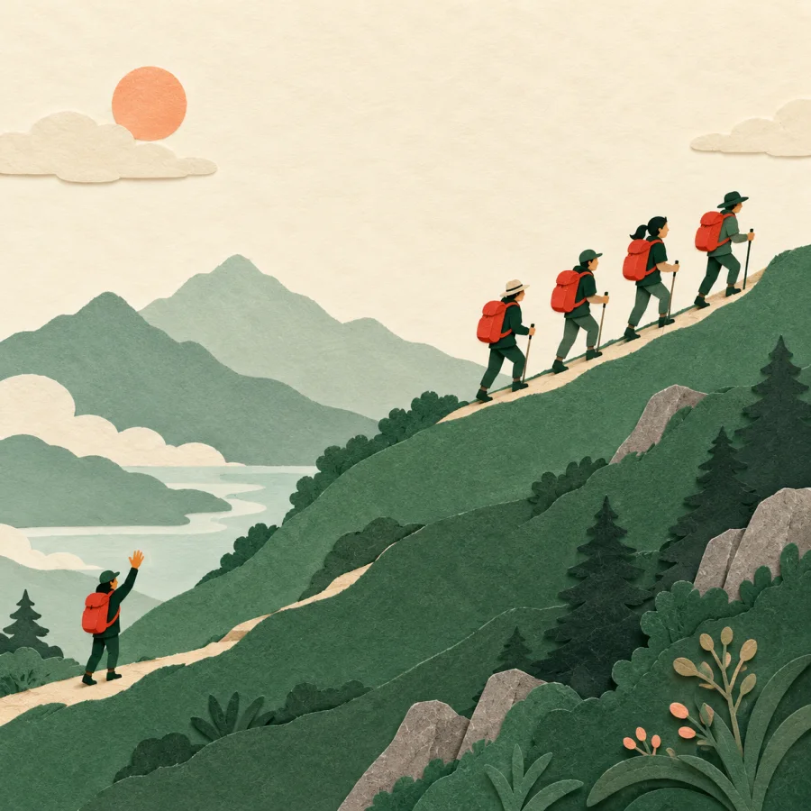 A line of hikers on a hill with one far behind waving