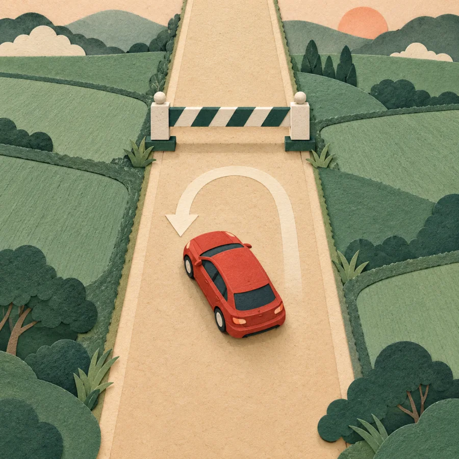 A red car makes a U-turn at a blocked road