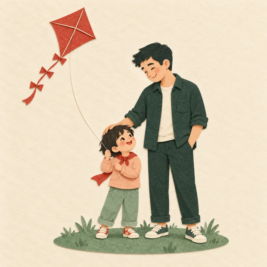 A child with a kite and a smiling father beside them
