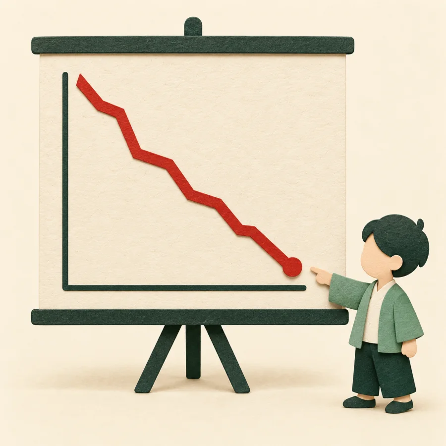 A chart line slopes steeply down as a person points at the bottom