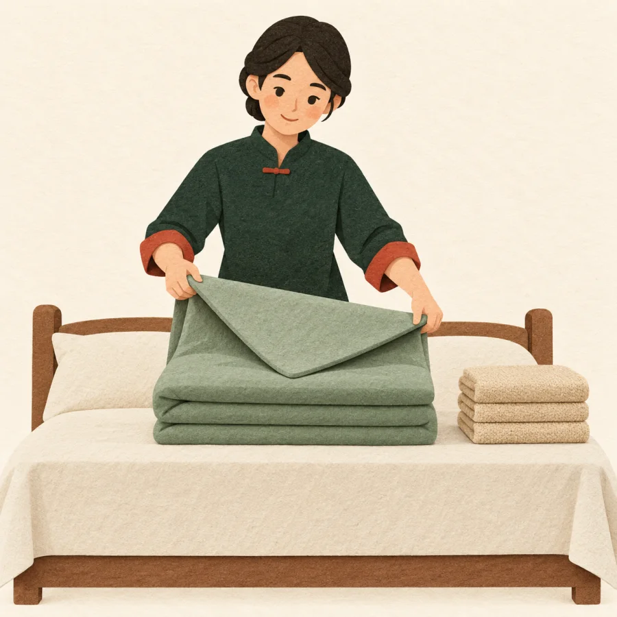 A person neatly folds a blanket beside a stack of towels