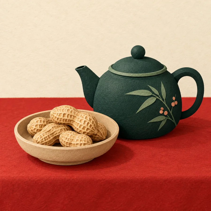 A small dish of peanuts beside a green teapot