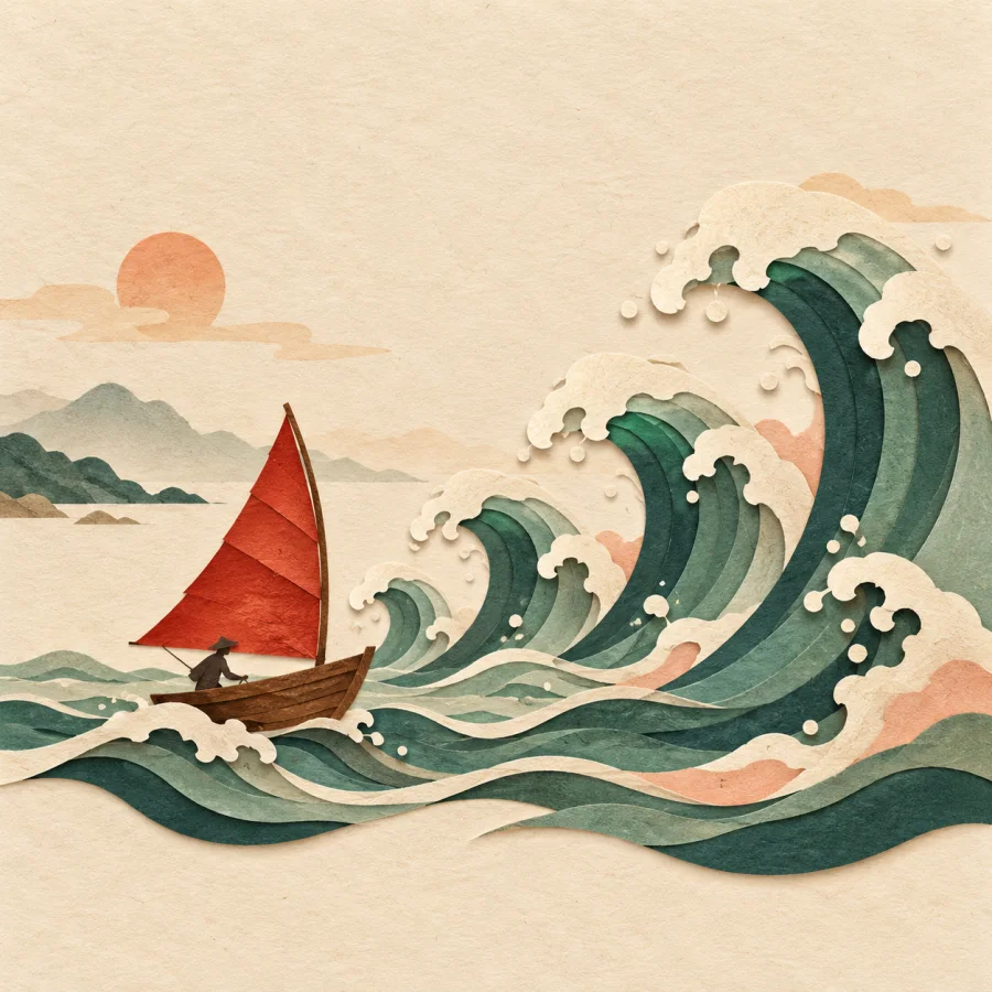 A boat with a red sail faces a series of tall waves
