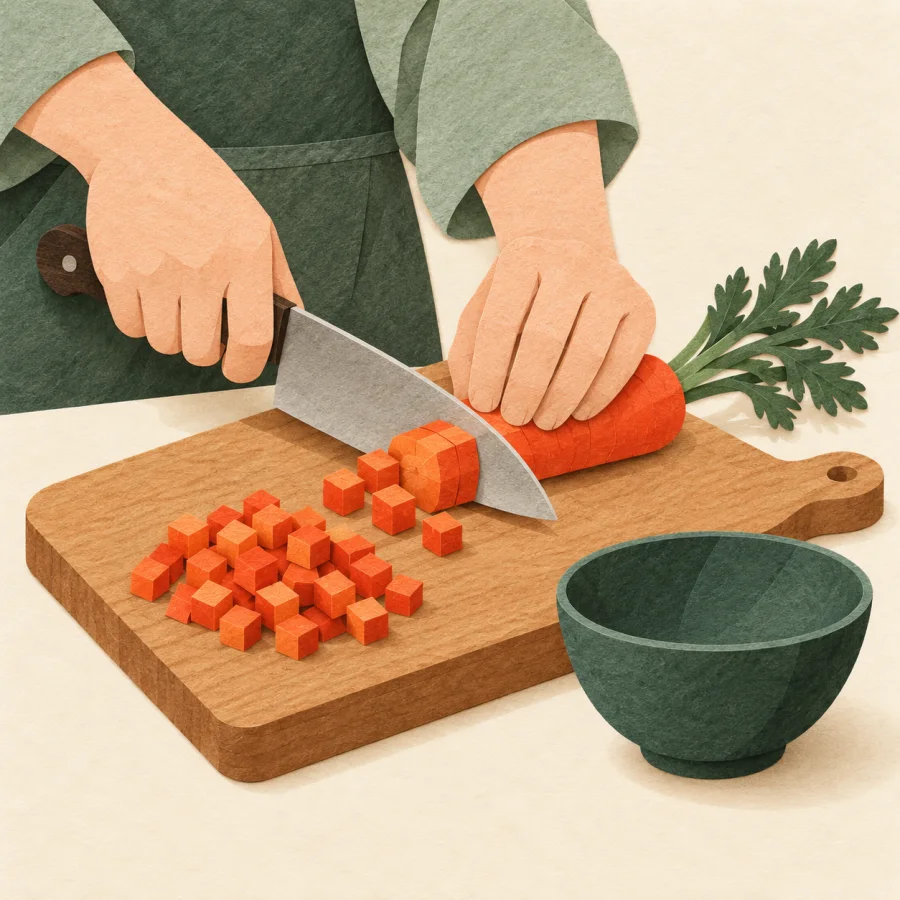 A hand dices a carrot into small cubes on a board