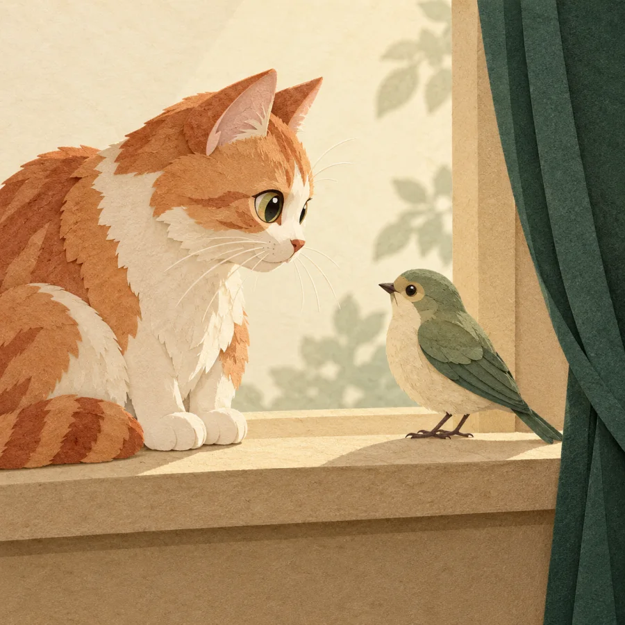 A cat stares at a bird on a window ledge