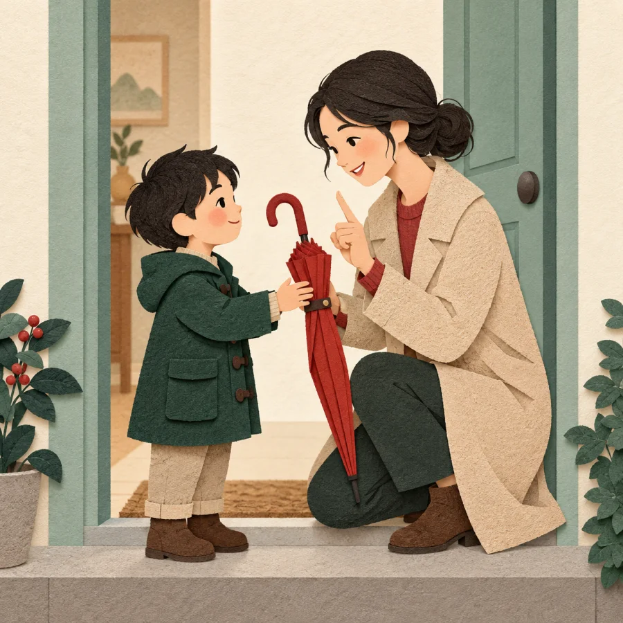 A parent with a raised finger hands a child a red umbrella