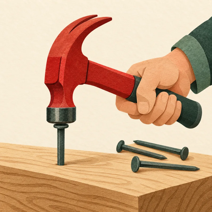 A hand hammers a nail into a board with nails nearby