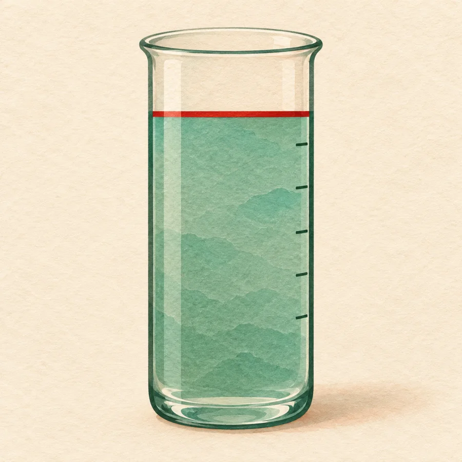 A measuring jar filled exactly to a red marking line