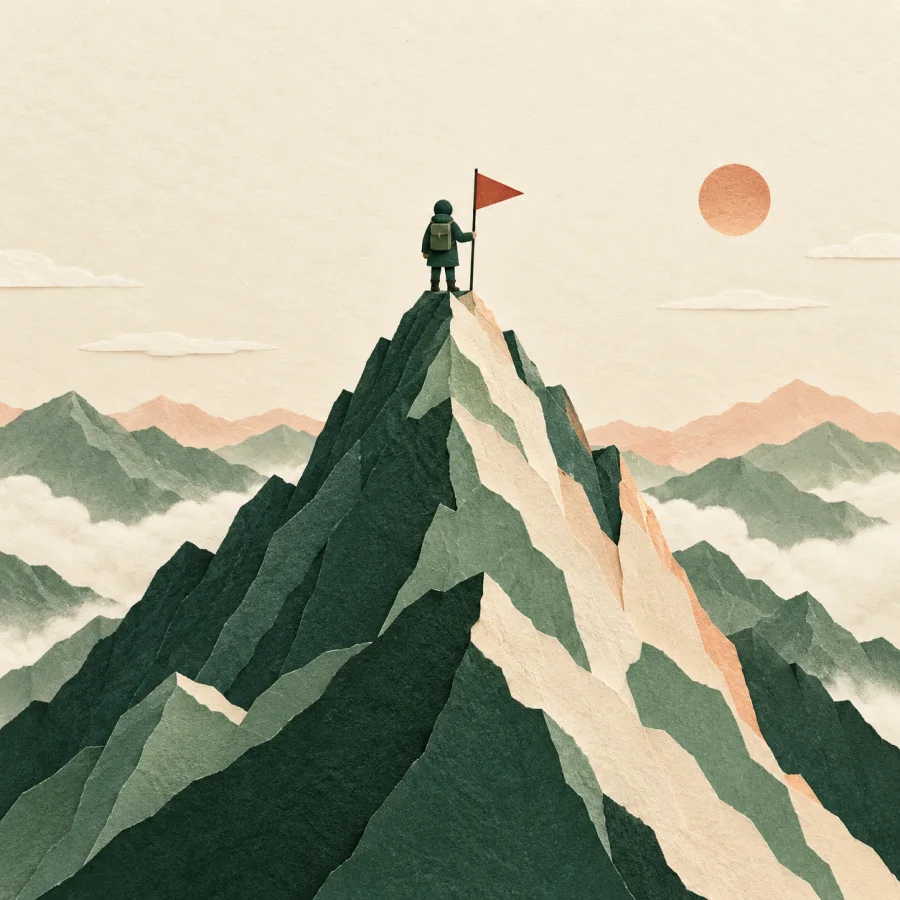 A climber stands on a sharp mountain peak beside a red flag