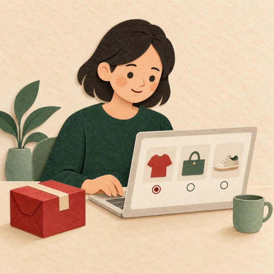 A person picks items on a laptop beside a red parcel