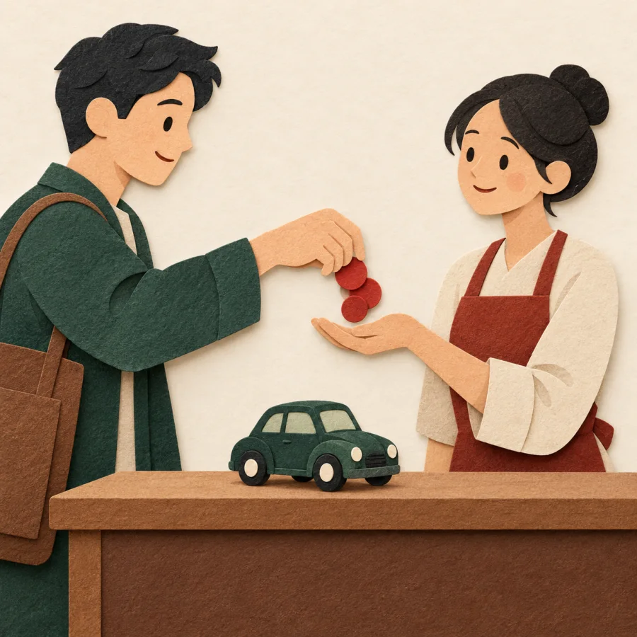 A customer hands coins to a seller beside a toy car
