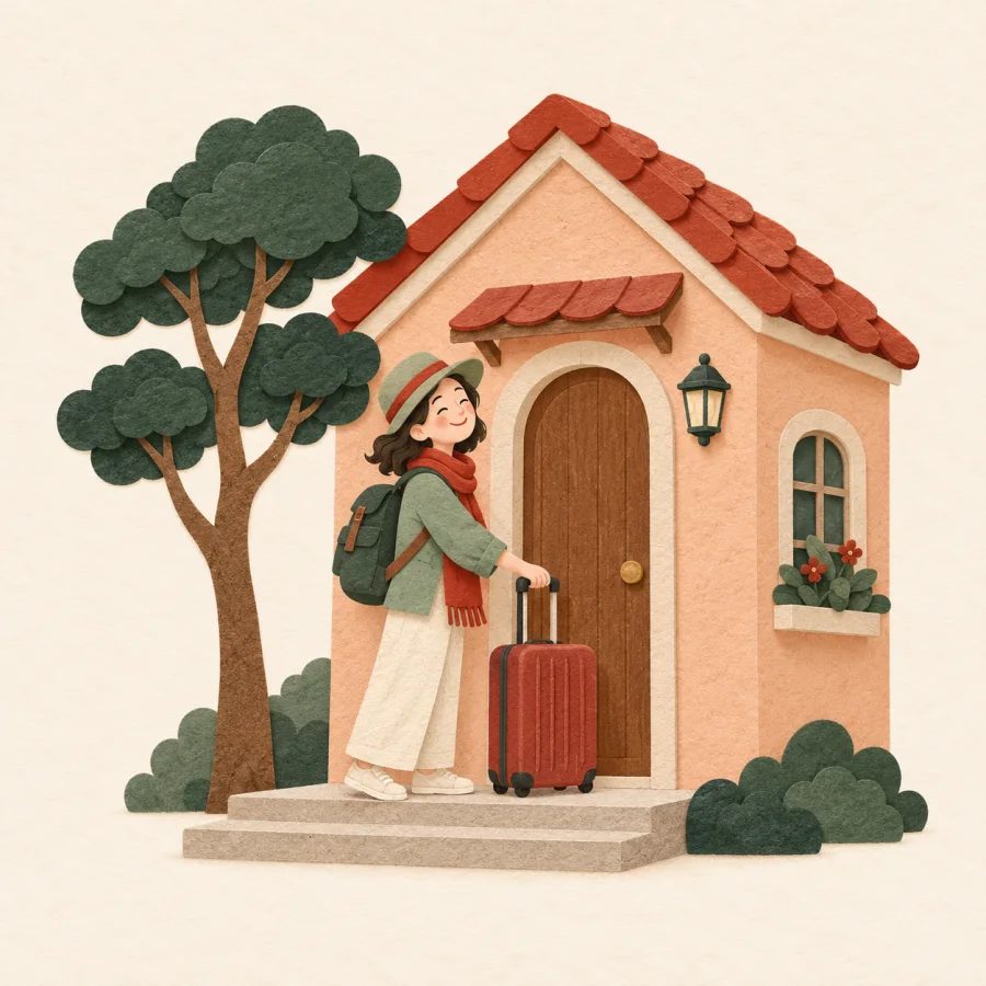 A person sets down a suitcase before a small house