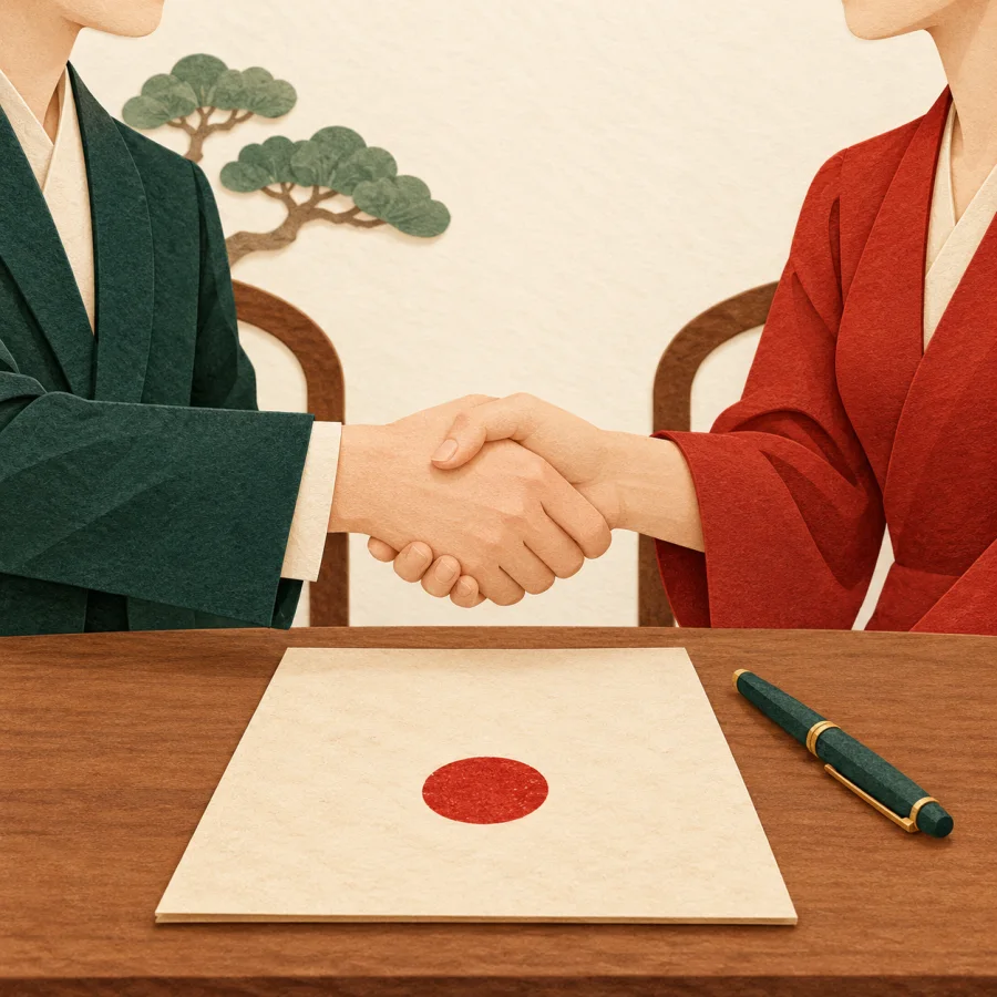 Two people shake hands over a document with a red seal