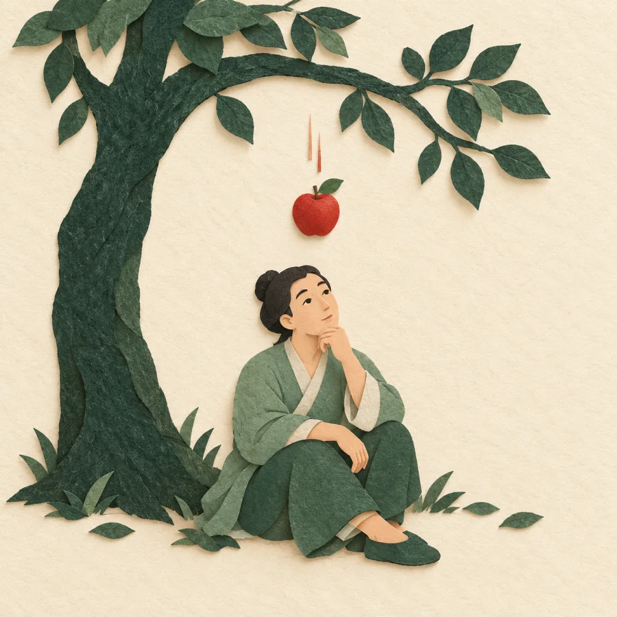 A red apple falls from a tree toward a person sitting below
