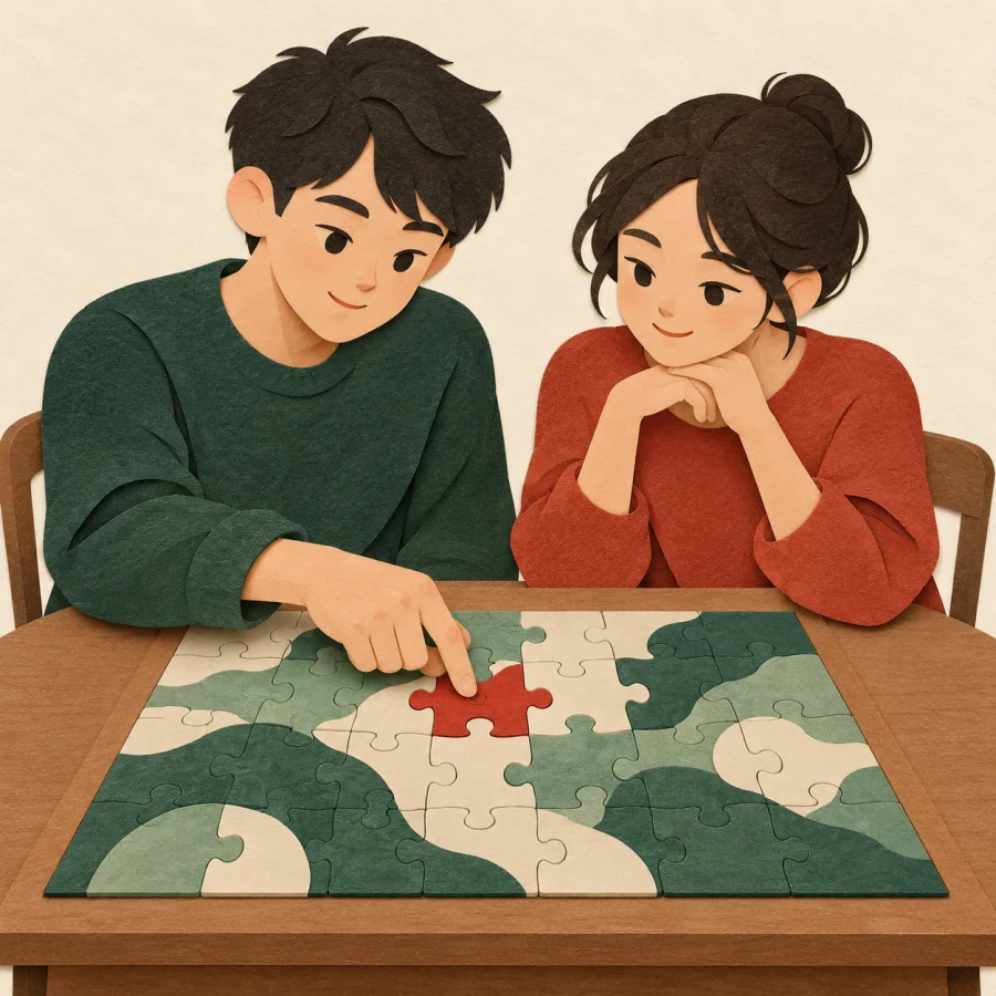 A person places the last red piece into a finished puzzle