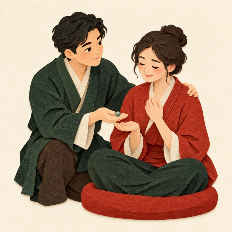 A friend hands a worried person a small jade pill