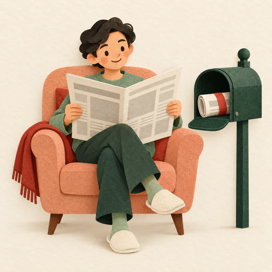 A person reads a newspaper beside a mailbox with a fresh copy