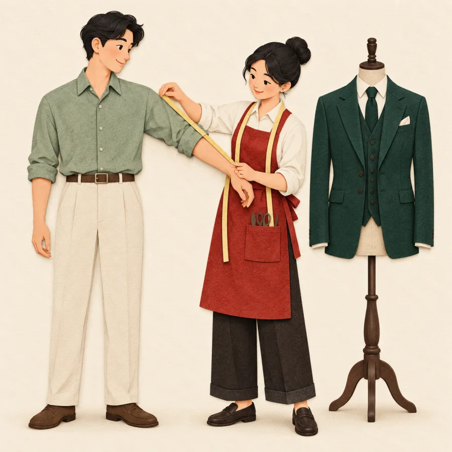 A tailor measures a customer beside a green suit