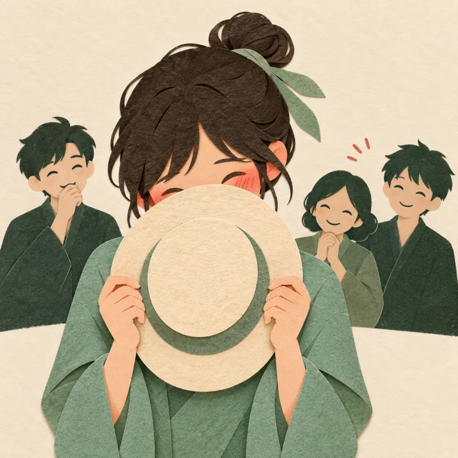 A red-cheeked person hides behind a hat in front of onlookers