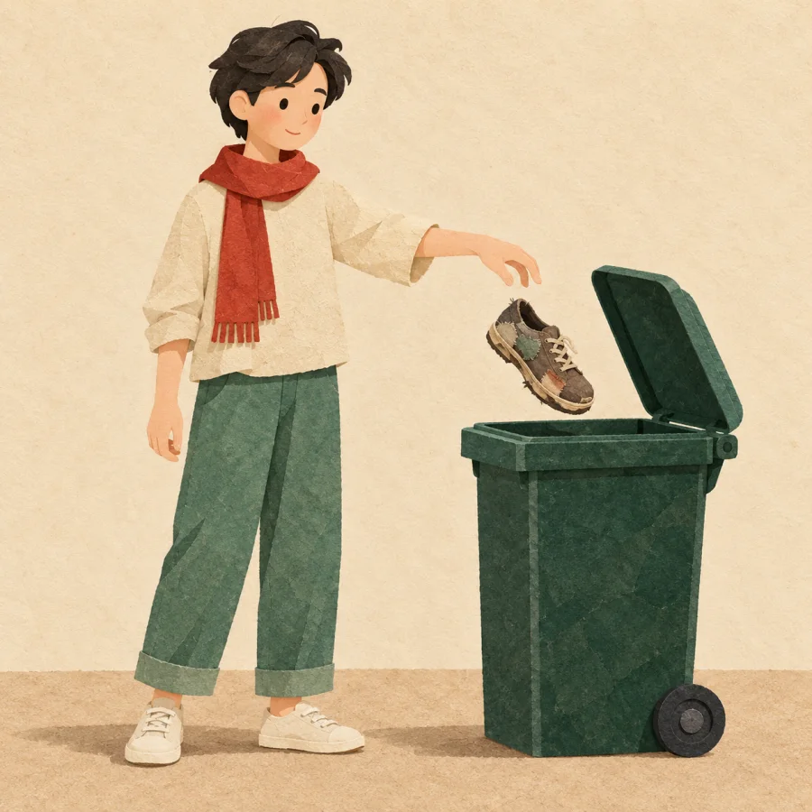 A person tosses an old shoe into a green bin