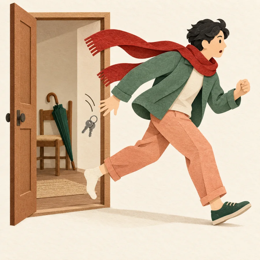 A hurried person leaves, dropping a red scarf and keys