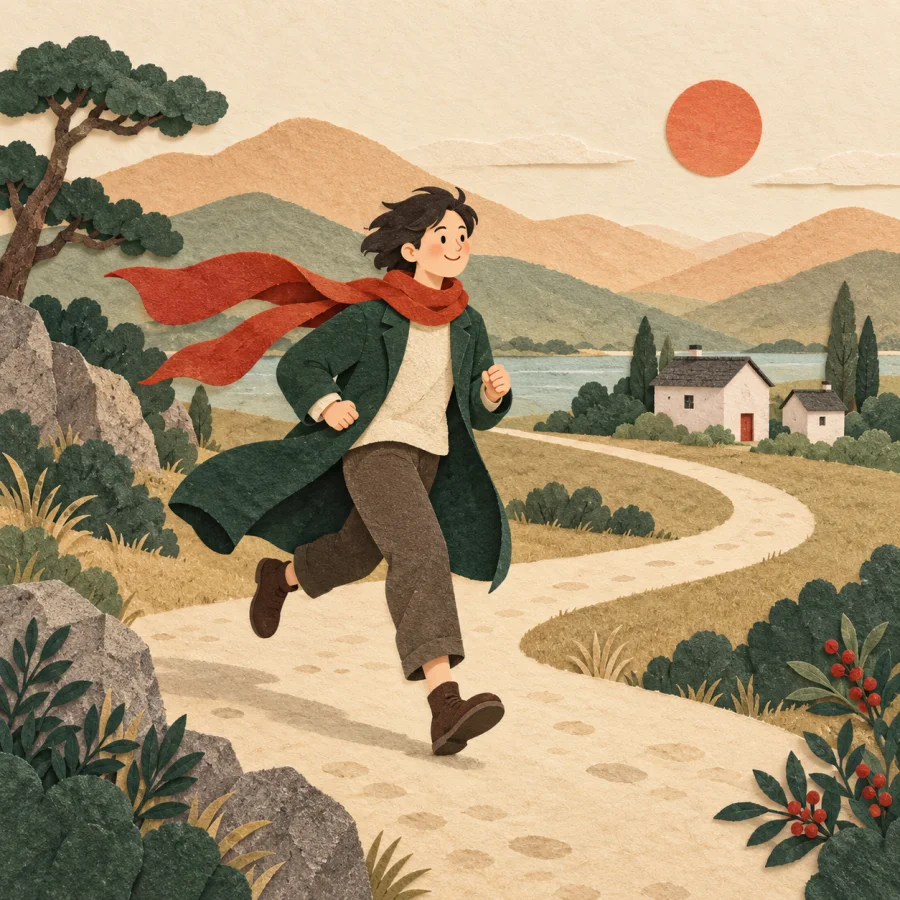 A person with a red scarf runs along a winding road
