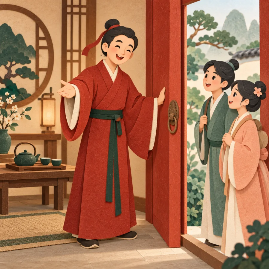 A host in a red robe welcomes two guests at the door