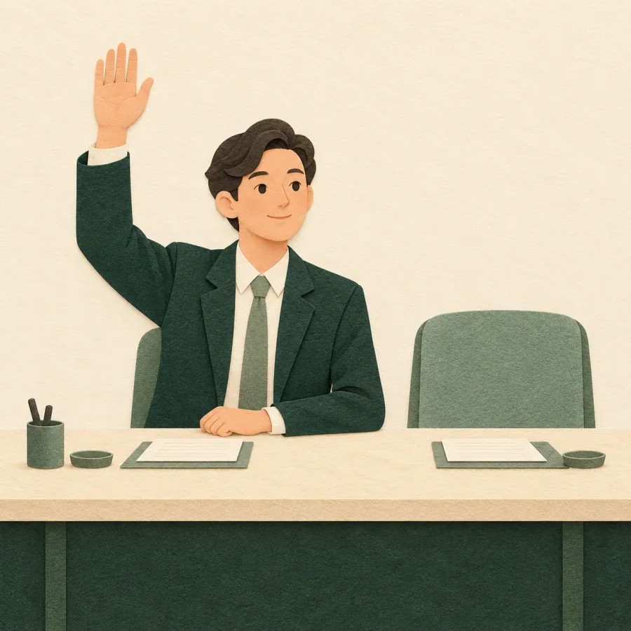 A person in a green suit raises a hand at a long table