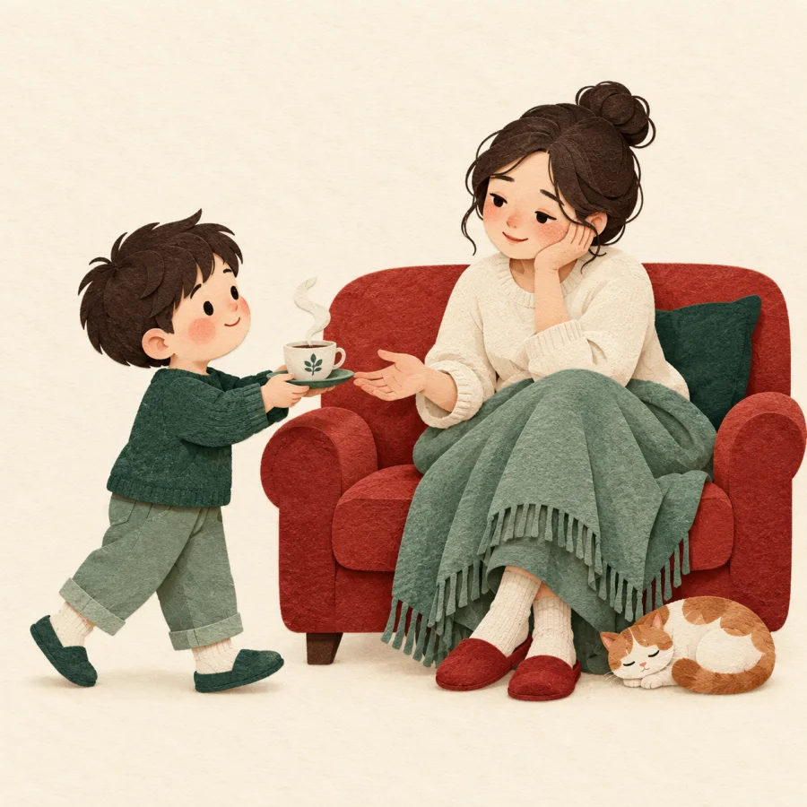 A child brings a cup of tea to a tired adult on a sofa