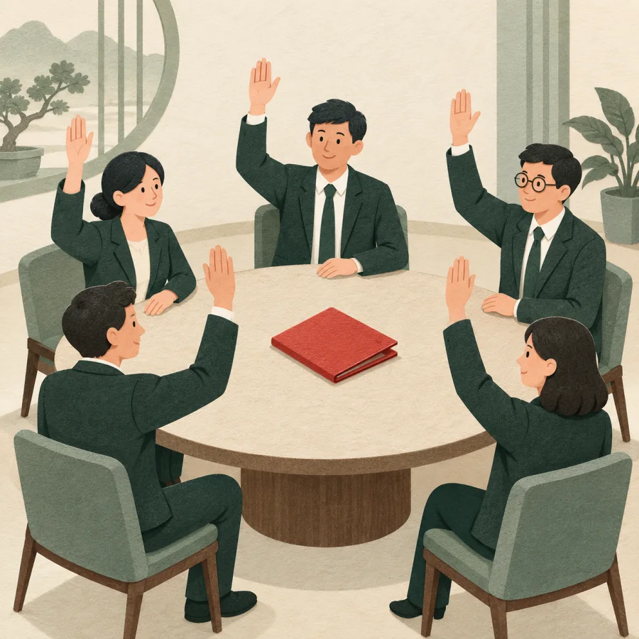 Several people in green sit at a round table raising hands