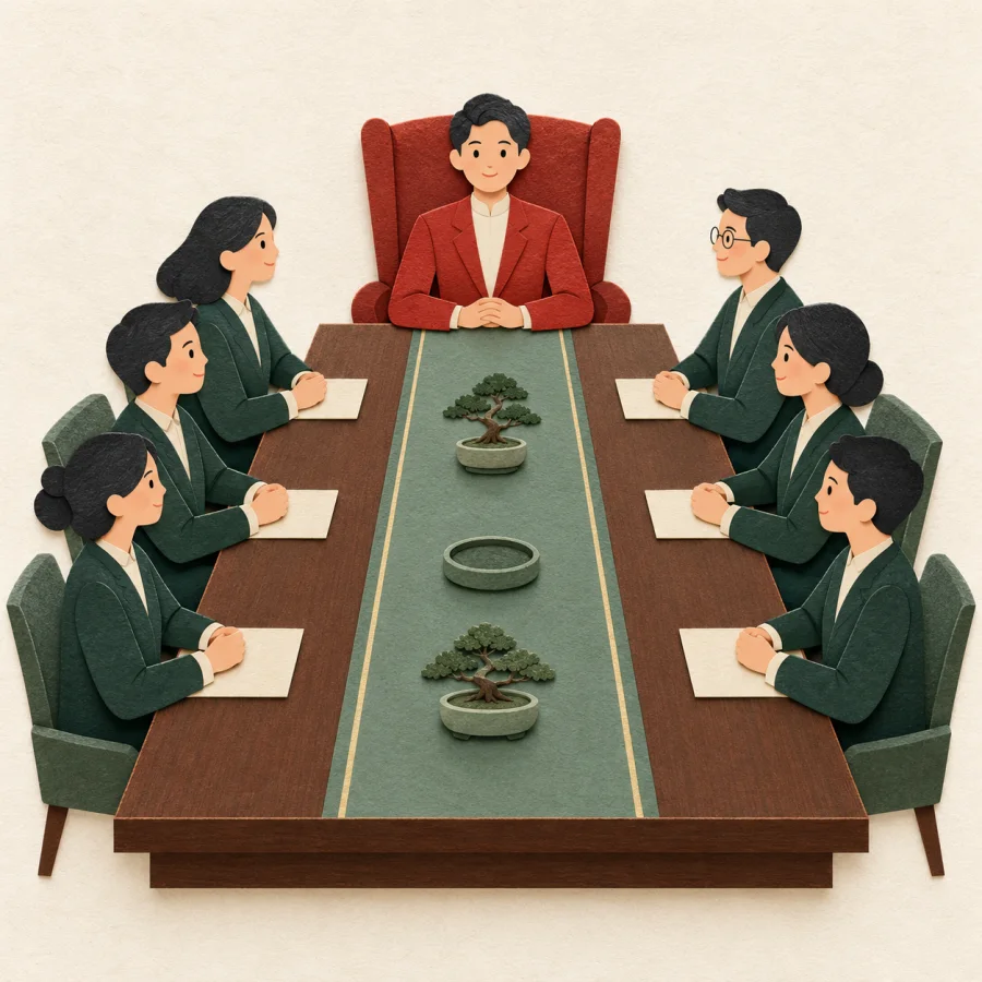 A person in a red jacket sits at the head of a long table