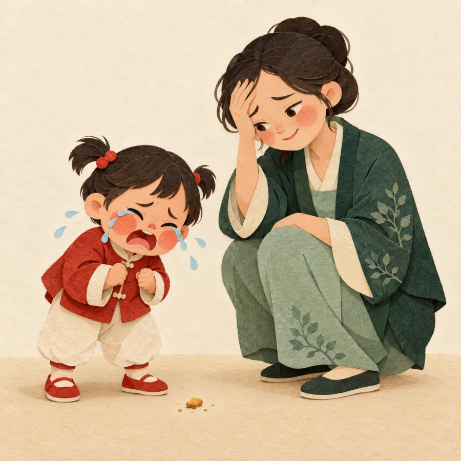 A child cries over a dropped cookie as a parent rubs their forehead