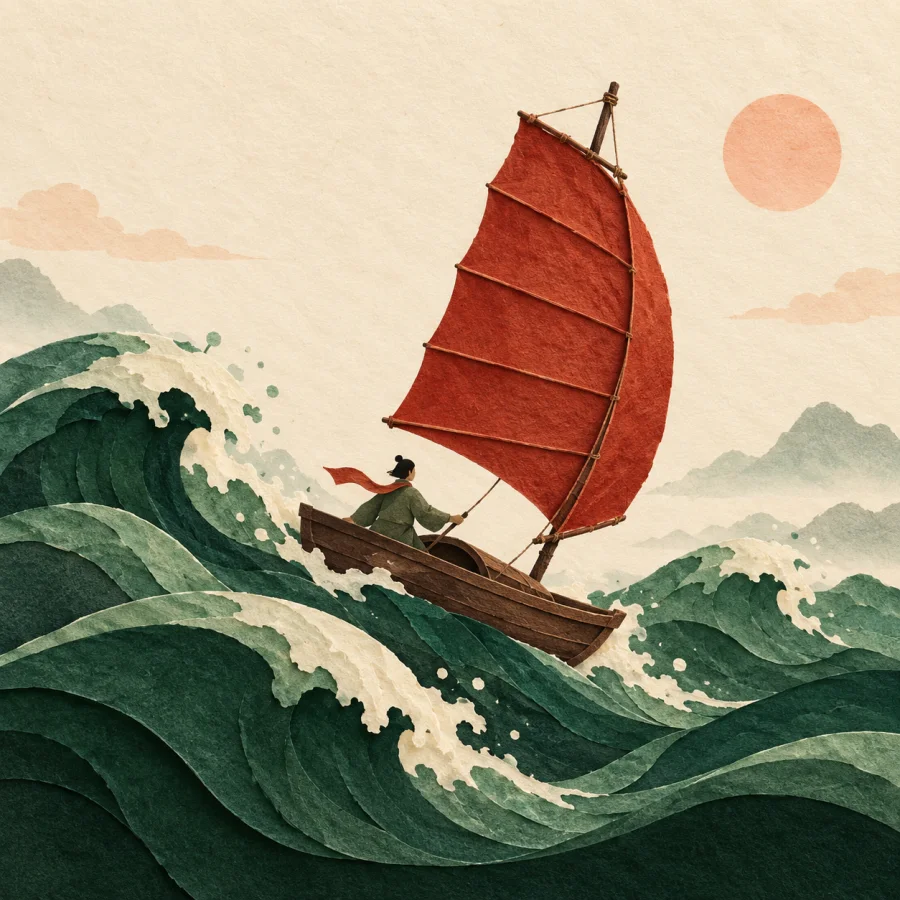 A small boat with a red sail tosses on big waves