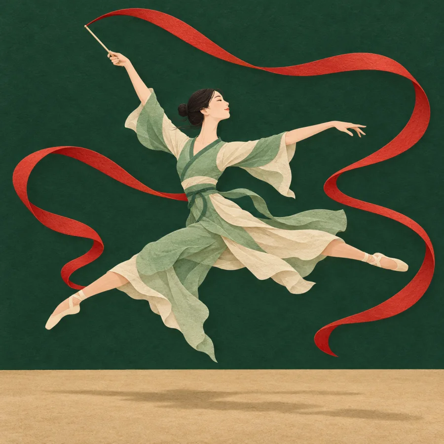 A dancer leaps with a flowing red ribbon