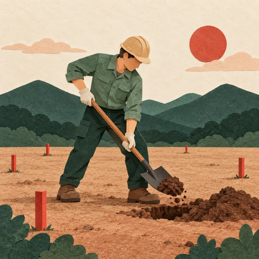 A worker in a hard hat digs the first spadeful on an empty plot