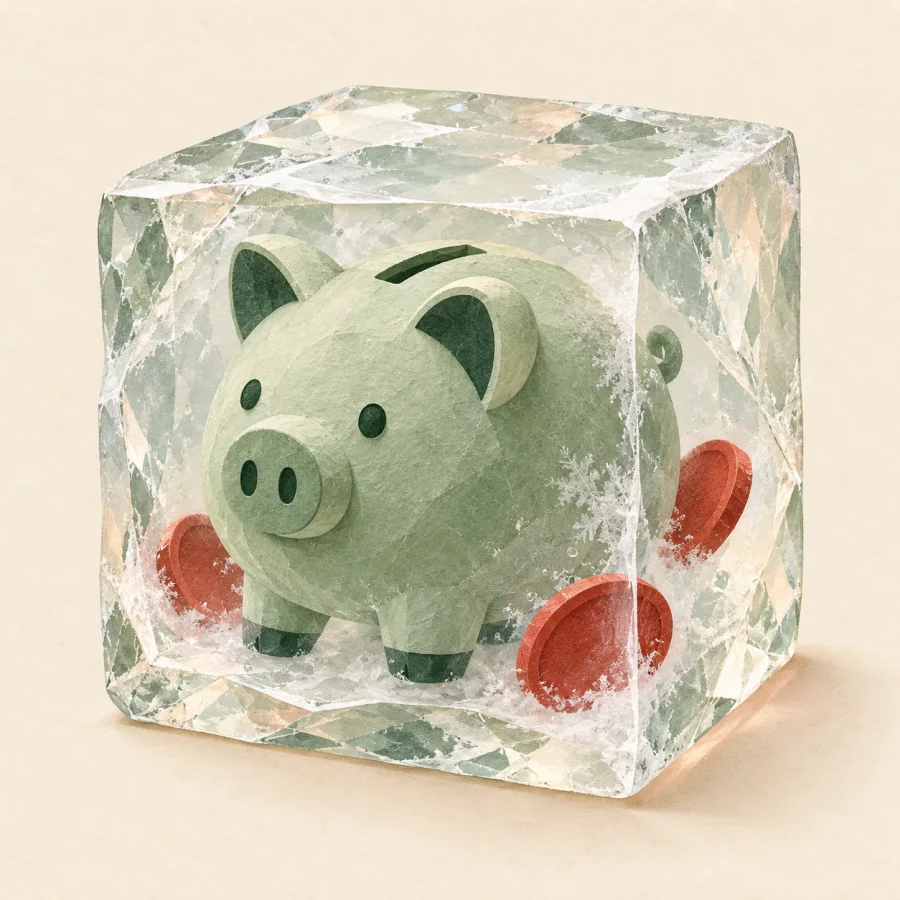 A piggy bank frozen in a block of ice with red coins