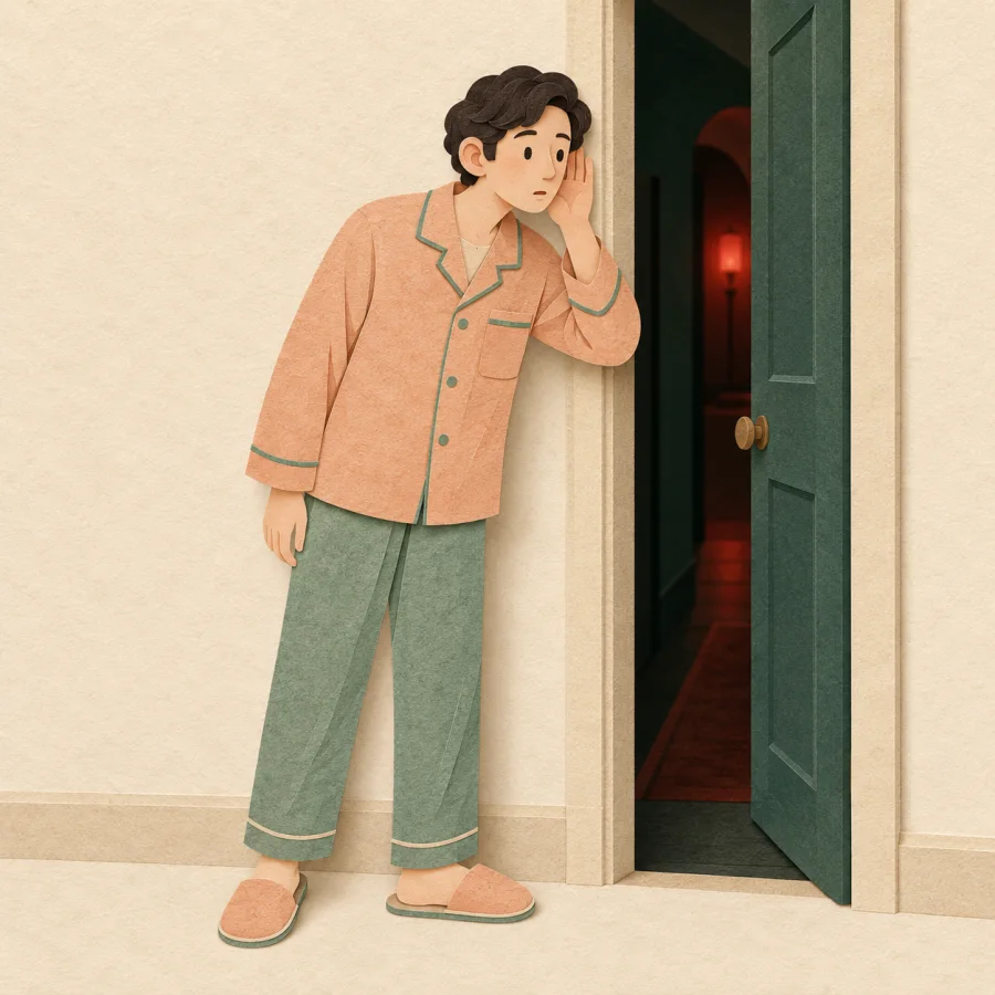 A person in pajamas listens at a partly open door
