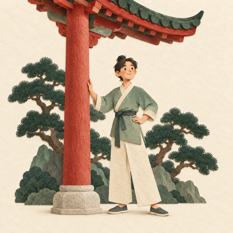 A person stands proudly by a thick red pillar under a roof