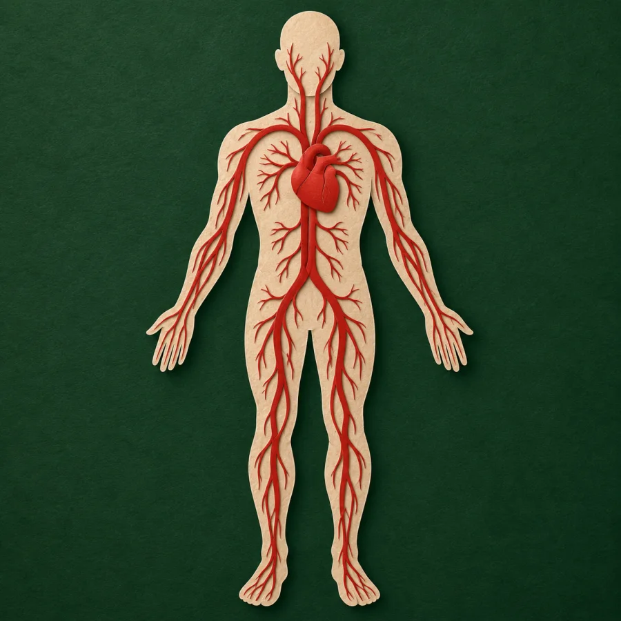 A human silhouette with a red heart and branching tubes
