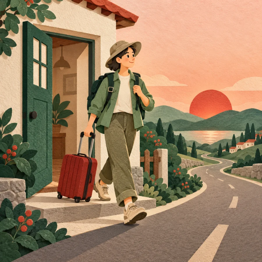A person with a backpack and suitcase leaves home at sunrise