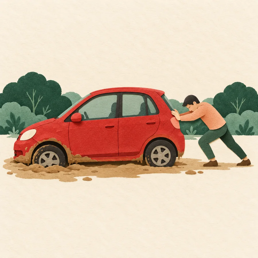 A red car stuck in mud as a person pushes from behind