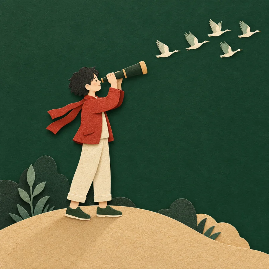 A person with a spyglass watches a flock of birds in the sky