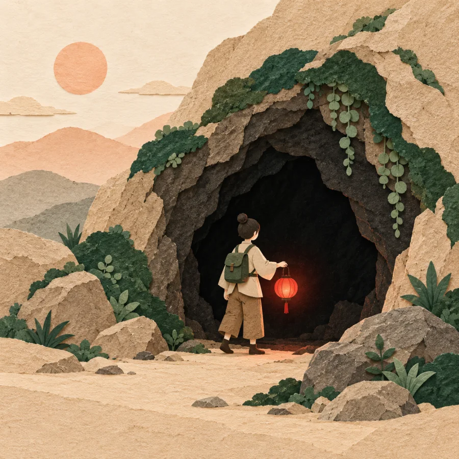 A person with a red lantern stands at a dark cave mouth